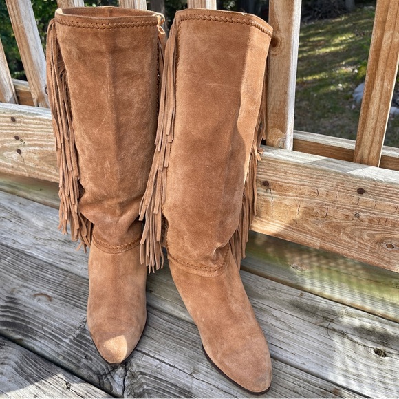 paloma Shoes Tan Suede Fringe Boots 8s Vintage Boho Tall Knee High